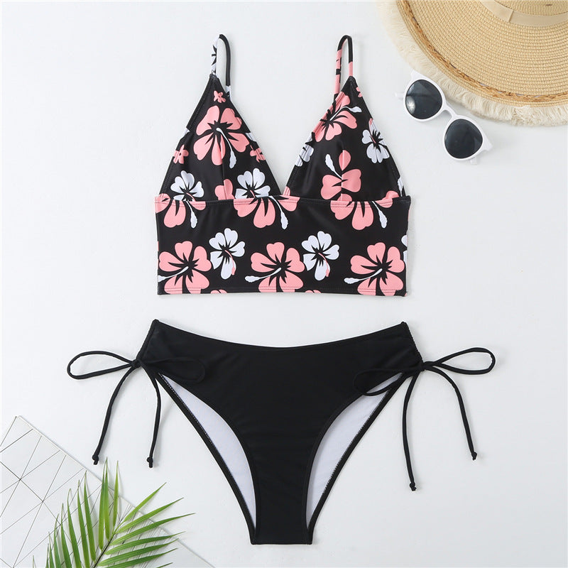 Dame Crop-Top Bikini med justerbare stropper og blomsterprint Skovae