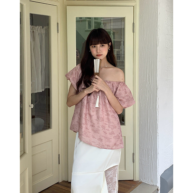 Dame Off-Shoulder Bluse med voluminøse ærmer og blomsterprint Stilla