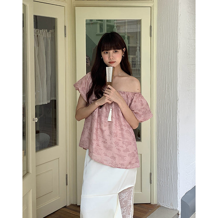 Dame Off-Shoulder Bluse med voluminøse ærmer og blomsterprint Stilla