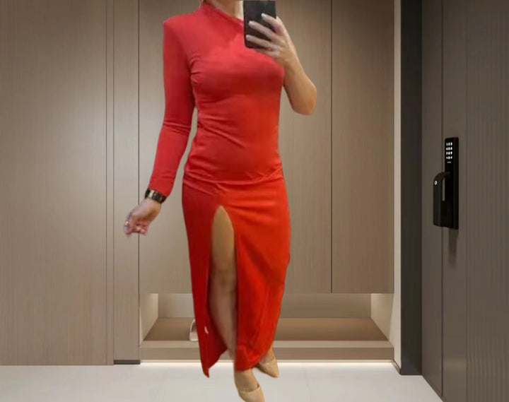 Dame elegante asymmetrisk aften kjole med høj slids og lange ærmer