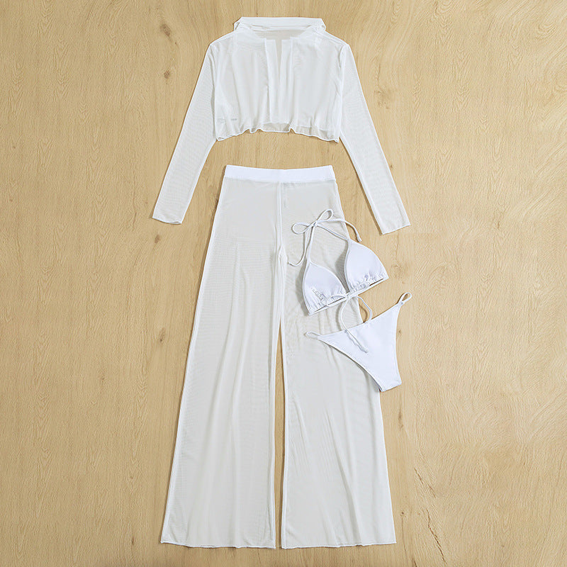 Dame Elegant Strand-outfit med gennemsigtigt top og vide bukser Stilla