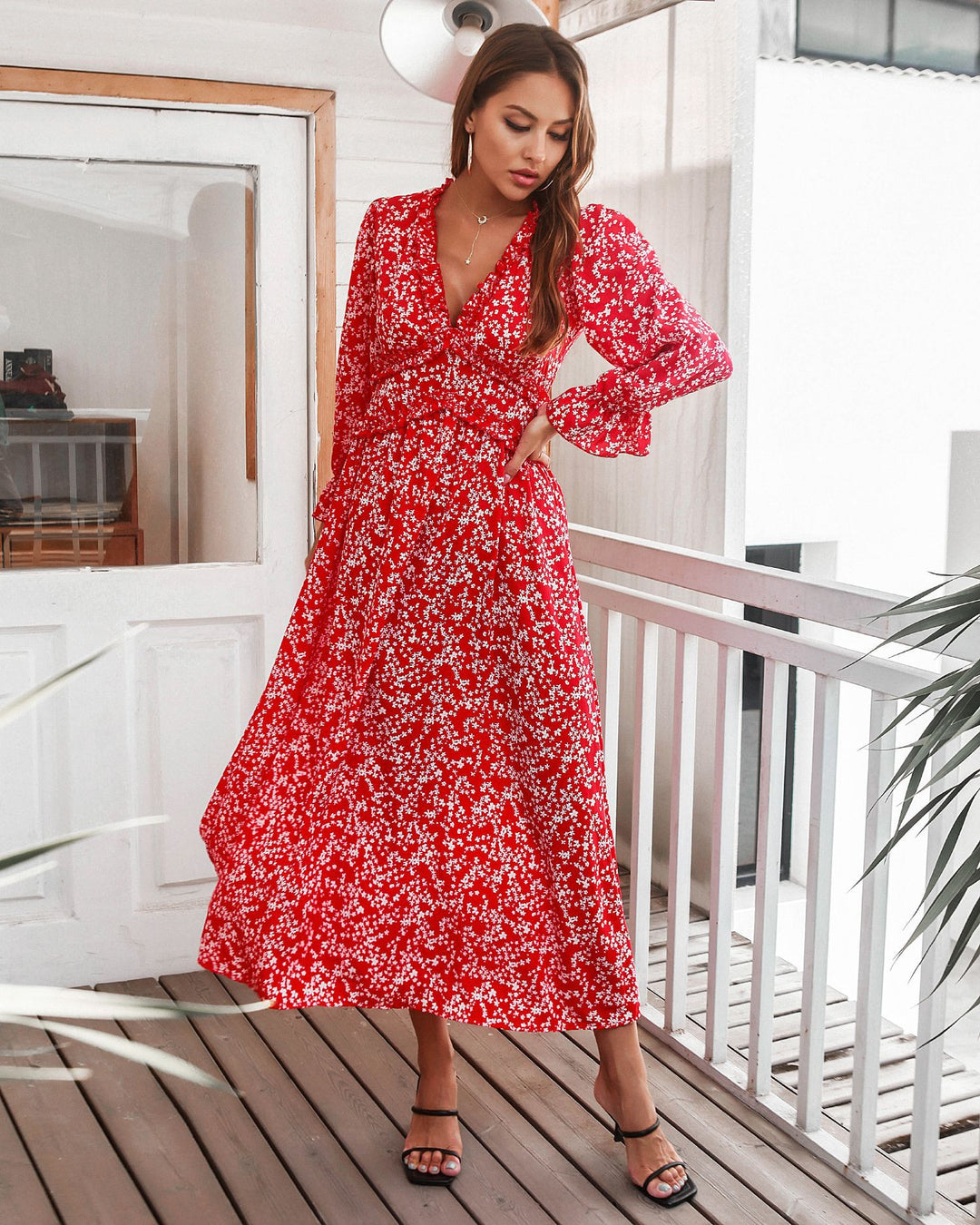Dame Maxi-kjole med blomstret design og voluminøse ærmer Stilla