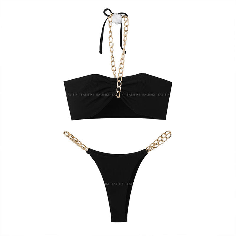 Dame bandeau-bikini med fashionable kæde-detalje og høj kvalitetsmateriale Stilla