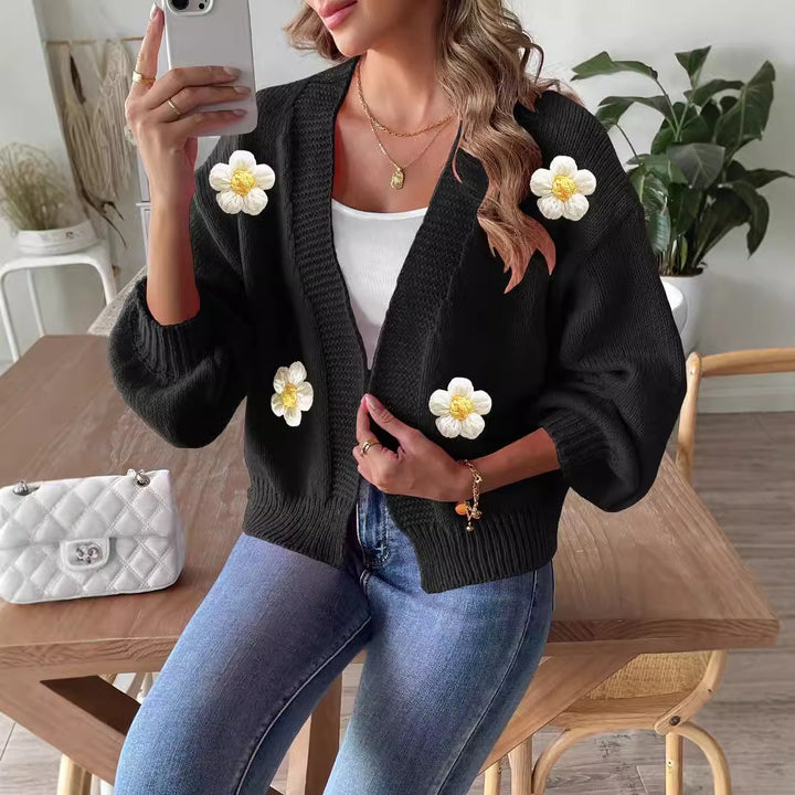 Damer afslappet strik cardigan med blomsterdetaljer og bred pasform Stilla