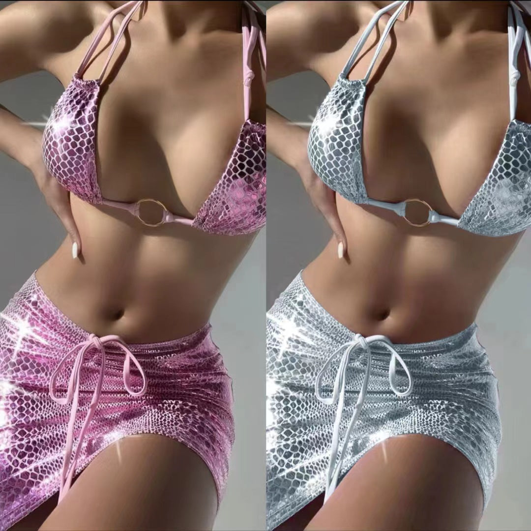 Dame bikini-sæt med skinnende slangeprint og legesyg nederdel Stilla