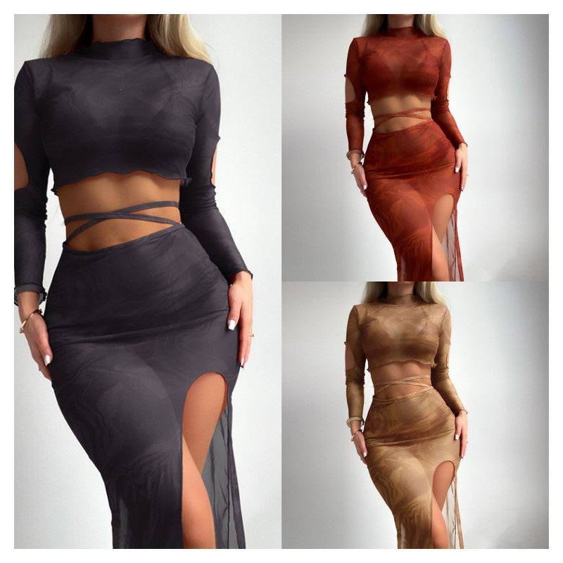 Damer elegant og transparent to-delt outfit med højskåret nederdel Skovae