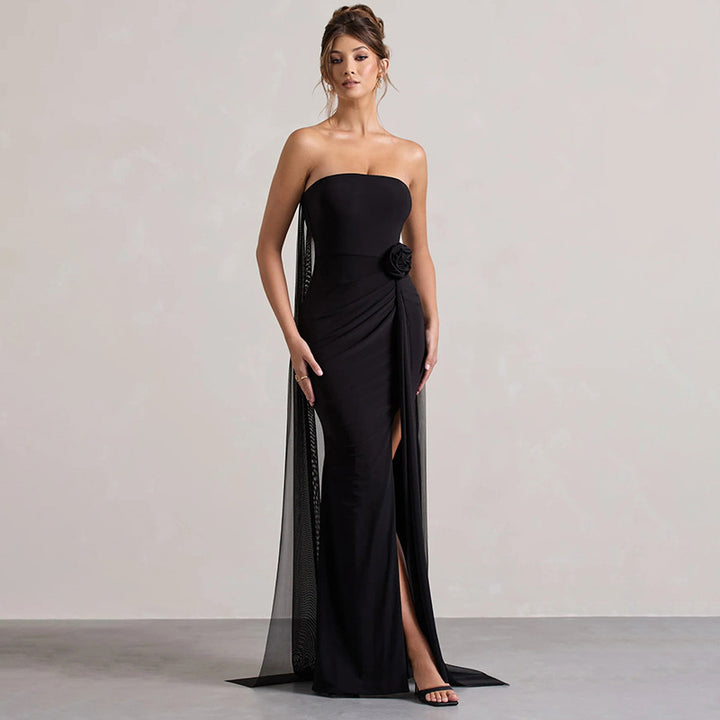 Dame Elegant Strapless Aftenkjole med asymmetrisk Overdel og sidelæg Stilla