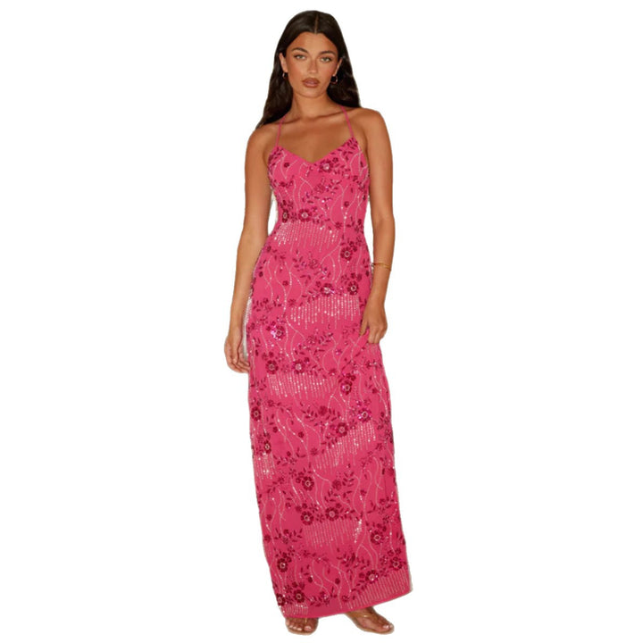 Ladies Elegant Maxi Dress with Alluring V-Neck and Sparkling Applications