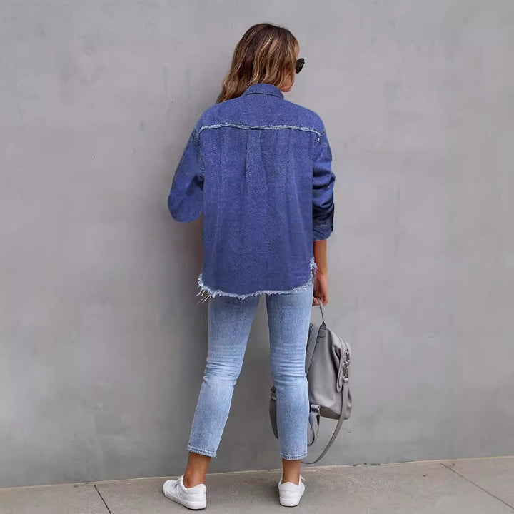 Dame afslappet jeans skjortejakke med frynser og påsyede lommer Stilla