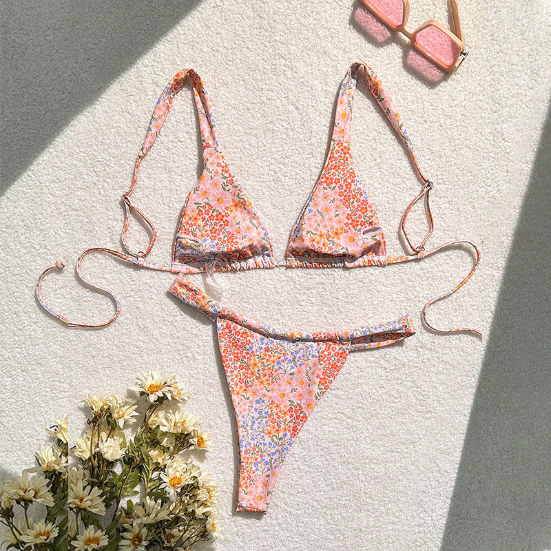 Dame Triangel-Bikini-sæt med justerbare bånd og blomster mønster Skovae