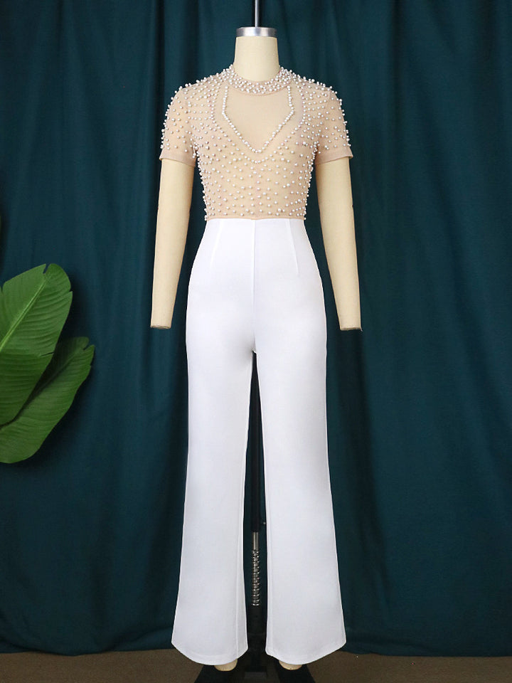 Dame elegant jumpsuit med glimrende perle detaljer Skovae