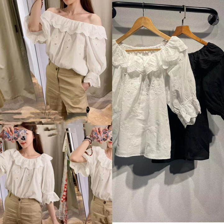 Dame Off-Shoulder Bluse med florale broderier og rynkedetaljer Stilla