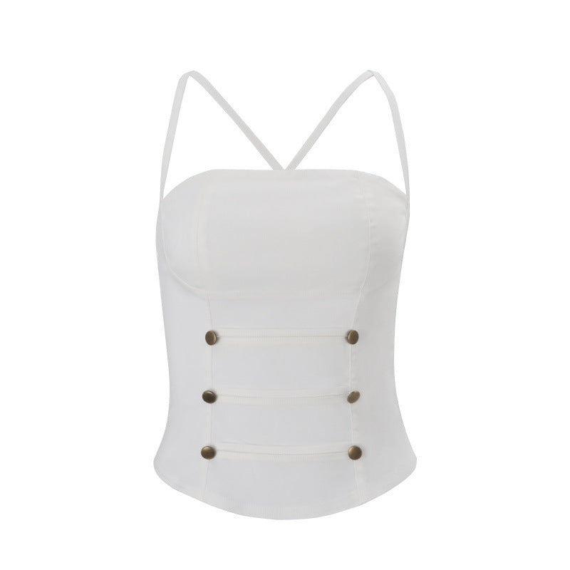 Damen Stylisches Top mit verstellbaren Spaghettiträgern und Knopfdetail Skovae