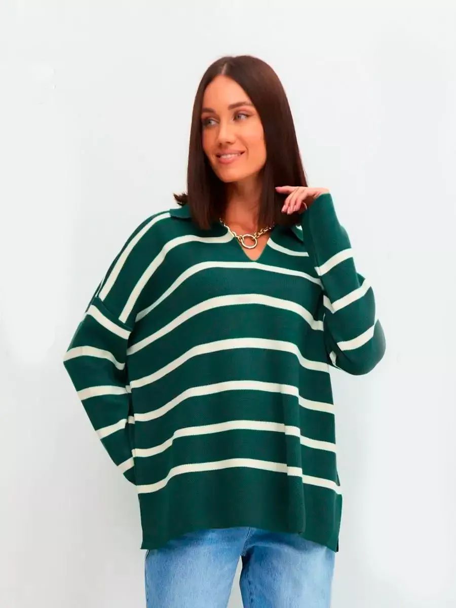 Dame afslappet strikpullover med klassisk polo krave og moderne stribemønster Stilla
