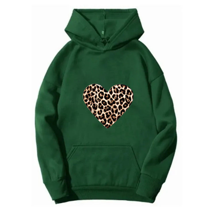 Dame hætte sweatshirt med hjerteformet leopardmønster Skovae