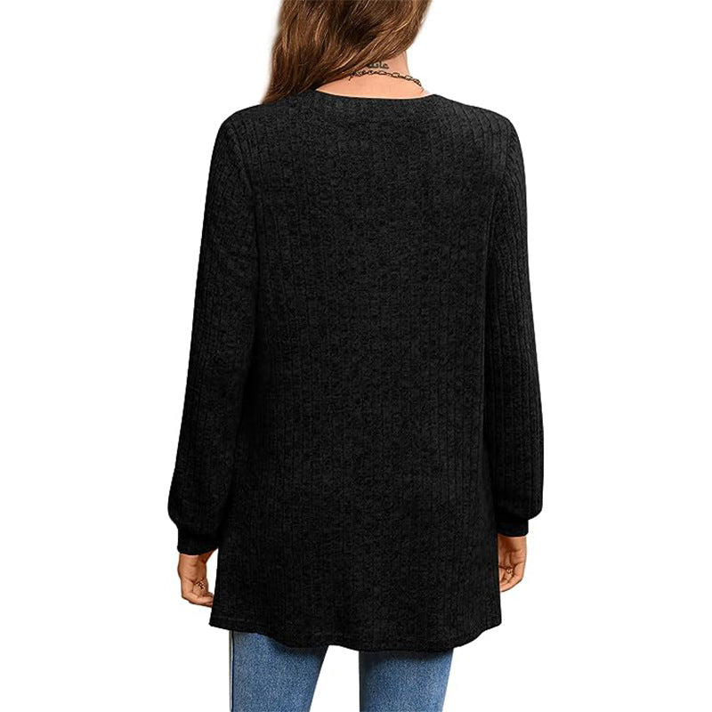 Dame strikpullover med V-hals og sidelommer Stilla