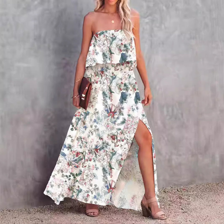 Kvinder Strapless Floral Maxi Kjole med Side Slids Stilla