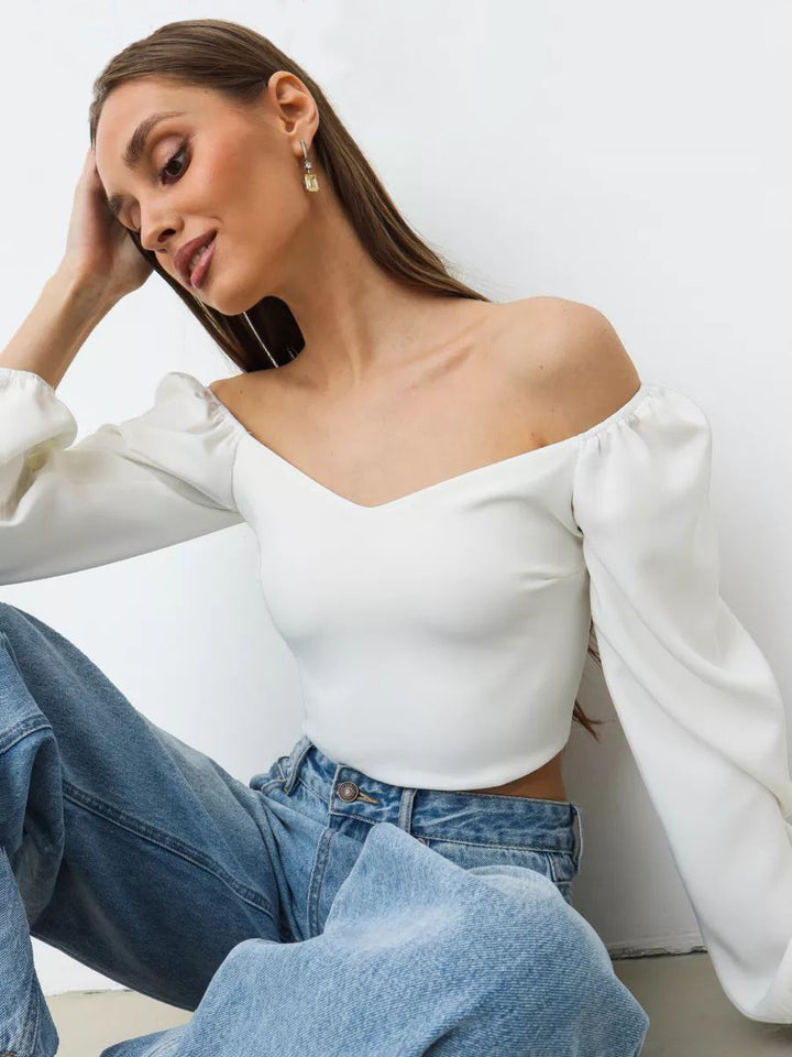 Dame Crop-Top med hjerteformet udskæring og pufærmer Stilla