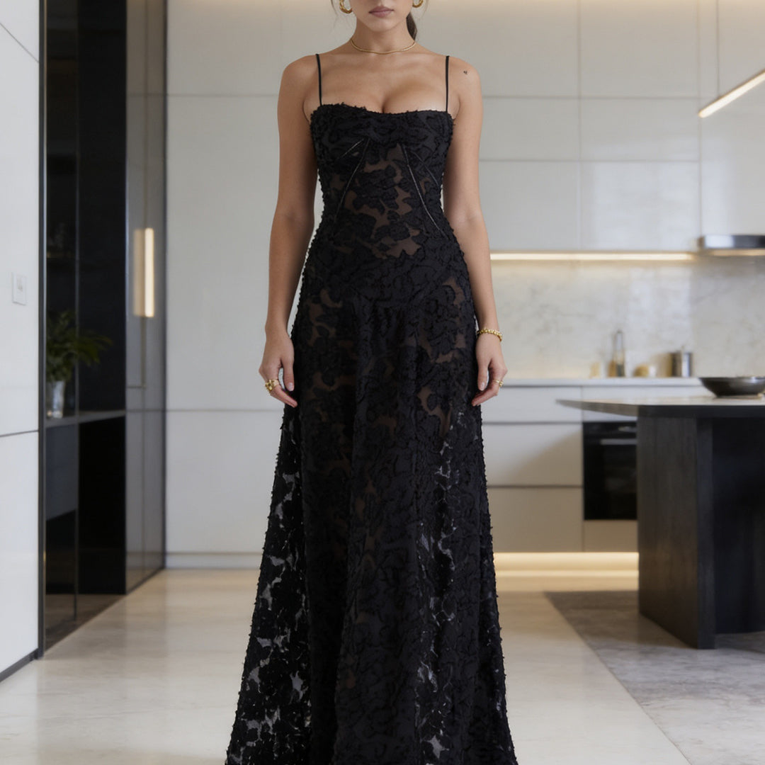 Dame Elegant aften kjole med floralt top og smalle spaghetti stropper Skovae