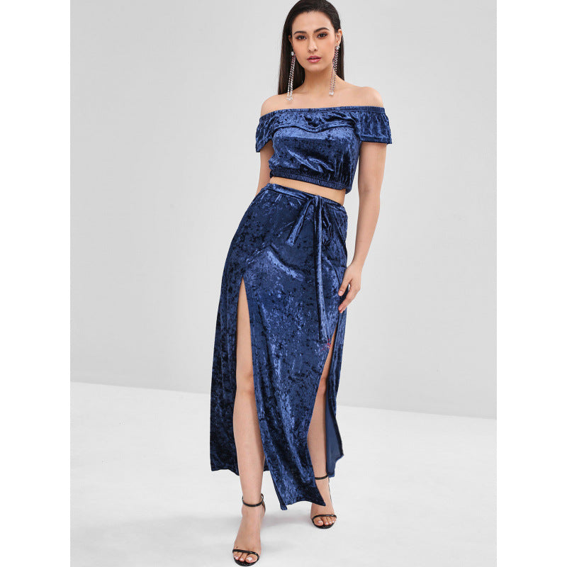 Dame Off-Shoulder Samt To-Delt Sæt Stilla