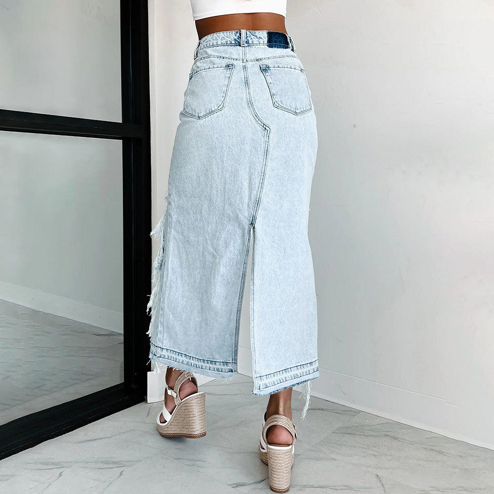 Dame Casual Denim Midi Skirt med asymmetrisk slits og frynsede Stilla