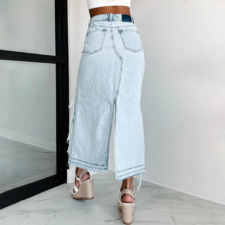 Dame Casual Denim Midi Skirt med asymmetrisk slits og frynsede Stilla