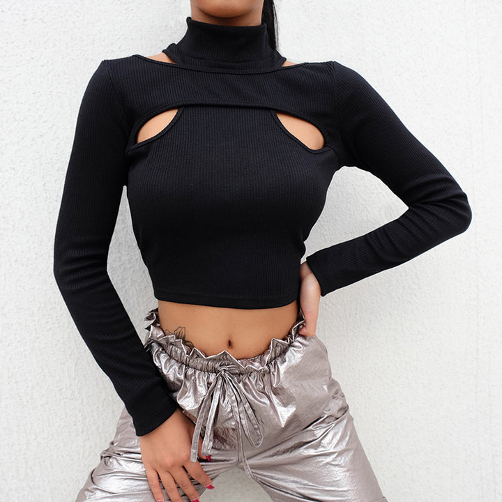 Dame trendy top med cut-outs og høj krave Skovae