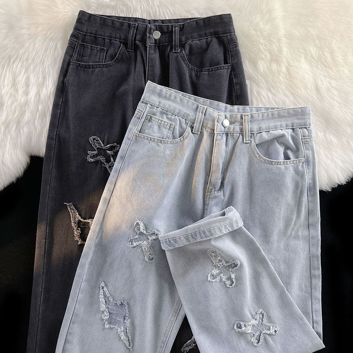 Damer løse højtaljede jeans med kreativt destroyed-design og afslappet snit Stilla