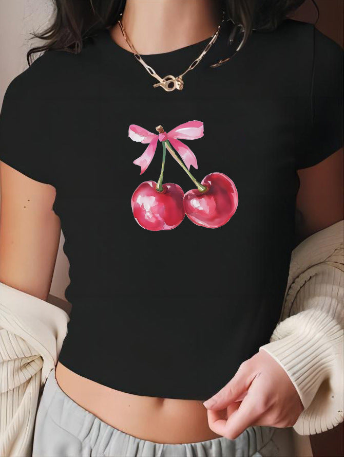 Dame Crop-T-Shirt med muntert kirsebærmotiv Skovae