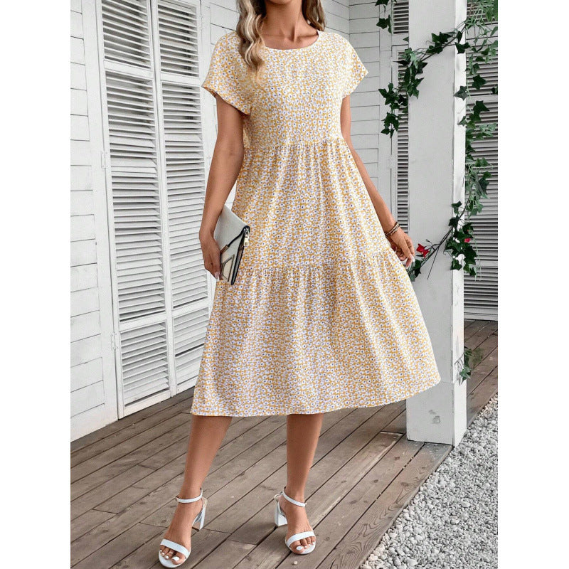 Damer Floral Print Midi Kjole med korte ærmer Stilla