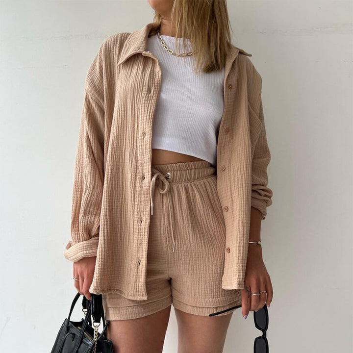Damer Sommer Lounge-sæt lavet af let bomuldsstof med oversized bluse og shorts Stilla