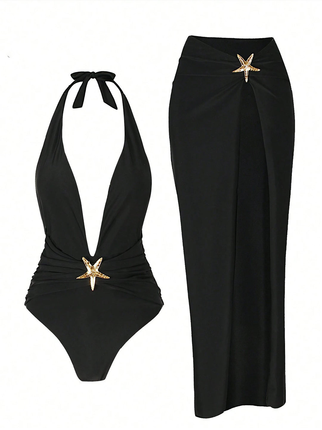 Dame elegant Maxi-kjole med dyb V-udskæring og gyldne detaljer Skovae