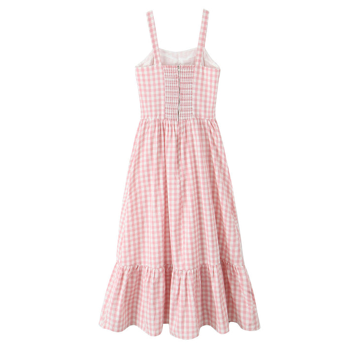 Femme Gingham Midi Kjole med Knude Front og Volang Kant Stilla