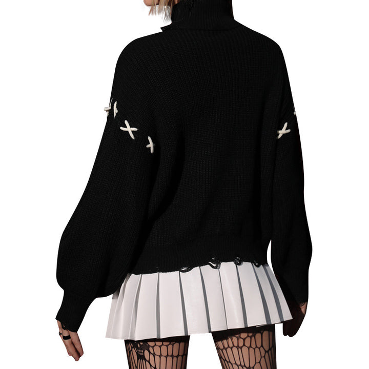 Dame Oversized-strik sweater med stående krave og dekorative detaljer Stilla