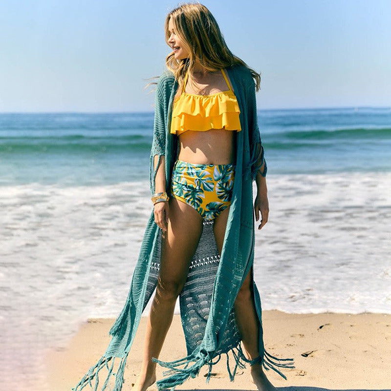 Dame hæklede strandkimono med frynsede detaljer og bælte Stilla