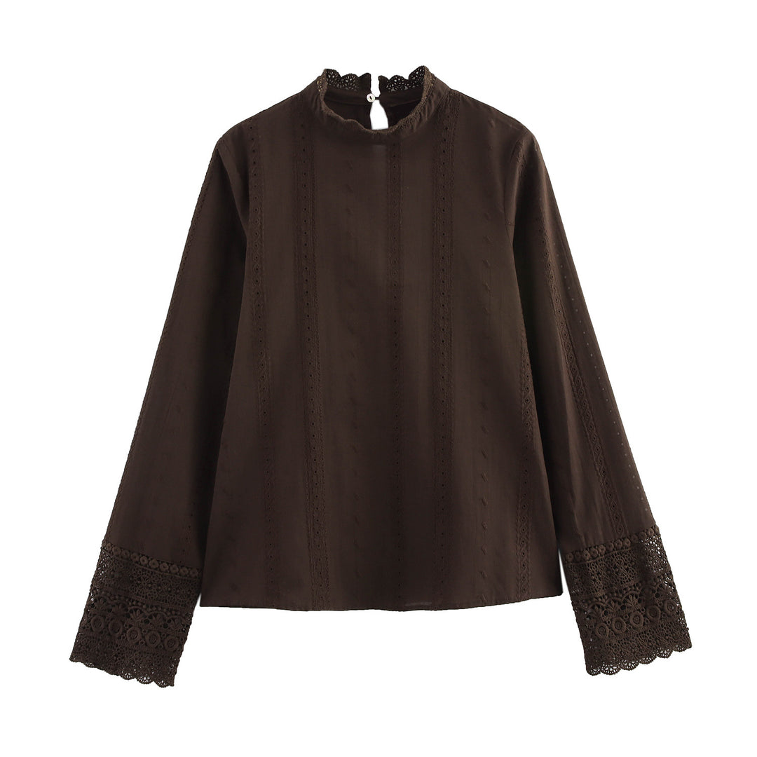 Dame Elegant Højkravebluse med broderede manchetter Stilla