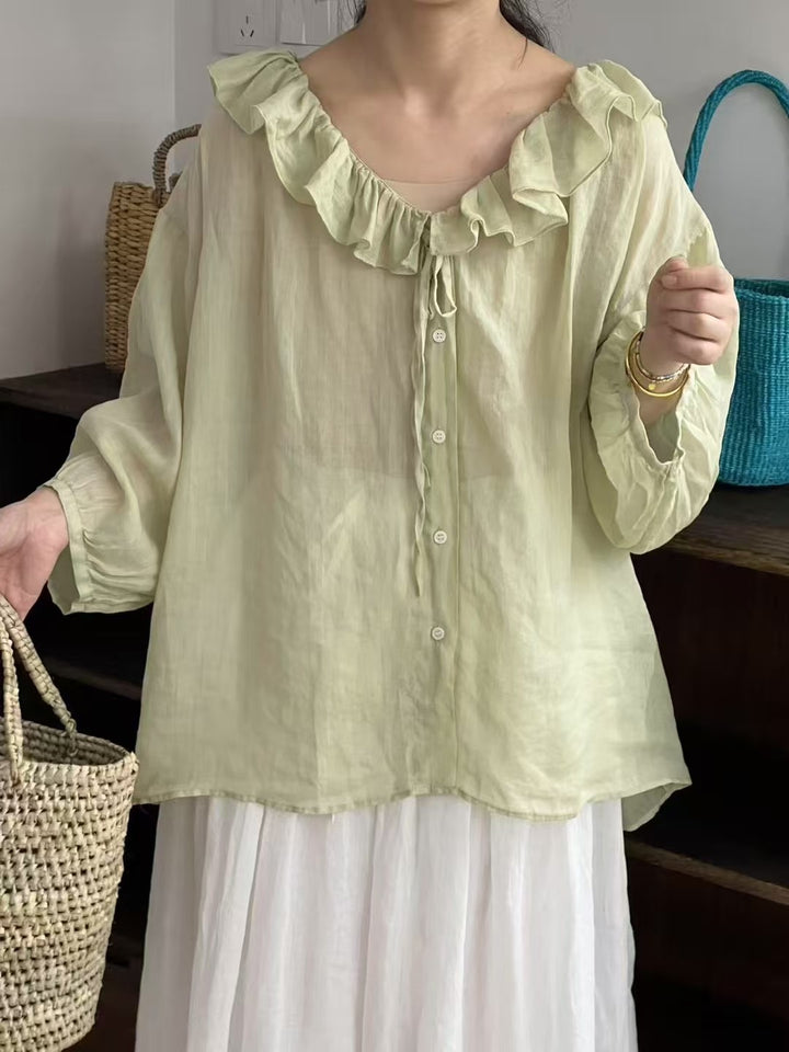 Femme Transparent Ruffle Krave Button-Up Bluse Stilla
