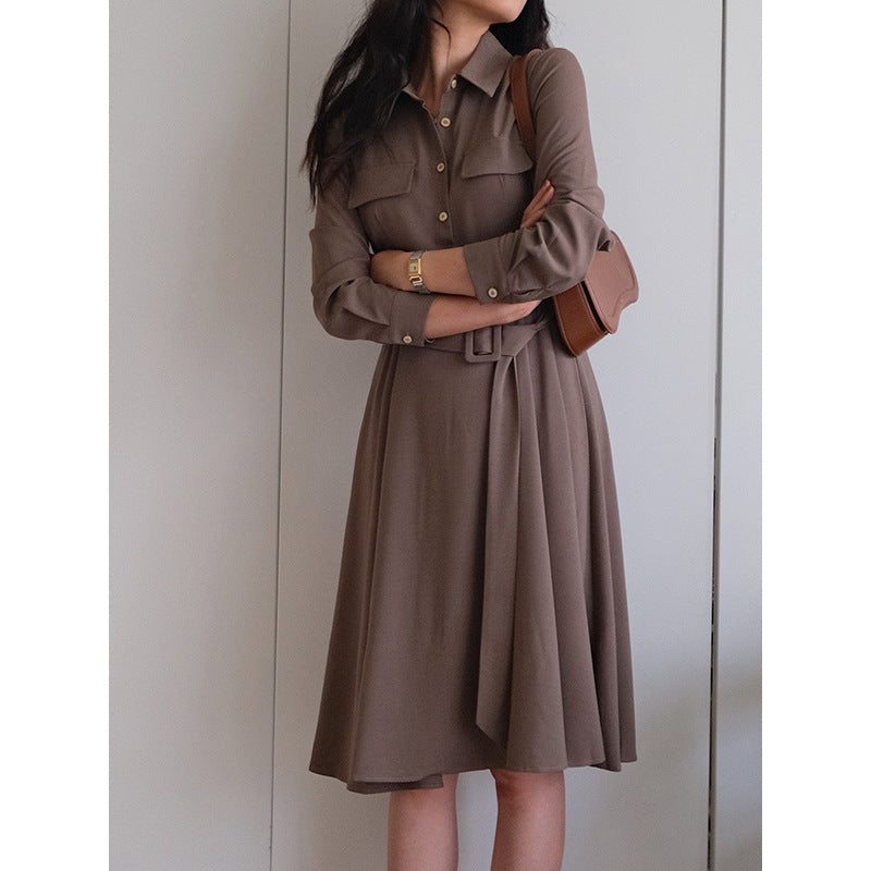 Dame skjorte kjole med taljerbar bælte og sidelommer Stilla