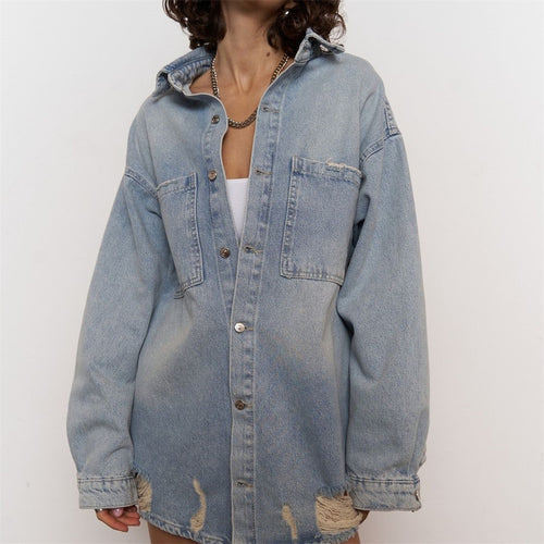Kvinders Mode Jeans Skjorte Jakke med Slidte Detaljer Stilla