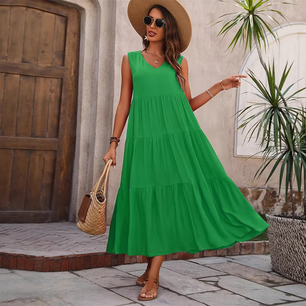 Dame Elegant sommer maxi kjole med voluminøs skørt og V-udskæring Skovae