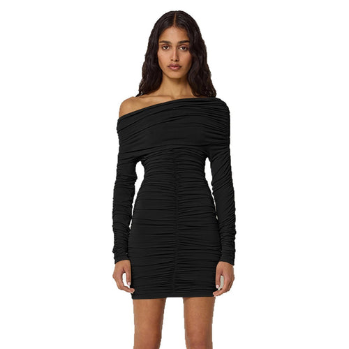 Damer Figursyet Off-Shoulder Kjole med Rynk og Lange Ærmer Skovae
