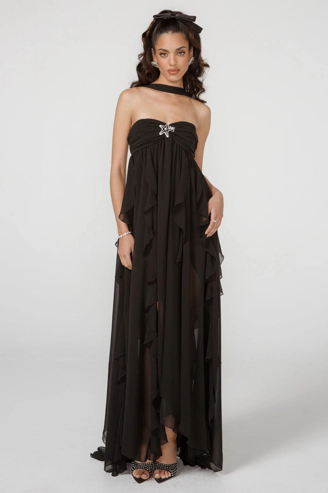 Dame Elegant Maxi Kjole med asymmetrisk søm og fine flæsedetaljer Skovae