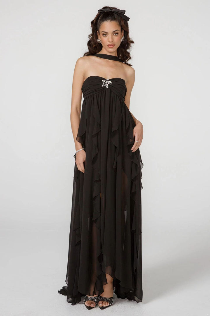 Dame Elegant Maxi Kjole med asymmetrisk søm og fine flæsedetaljer Skovae