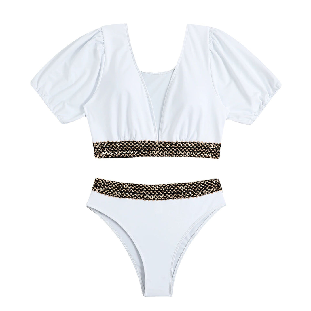 Dame bikini-sæt med voluminøse puffærmer og elegant bånd Stilla