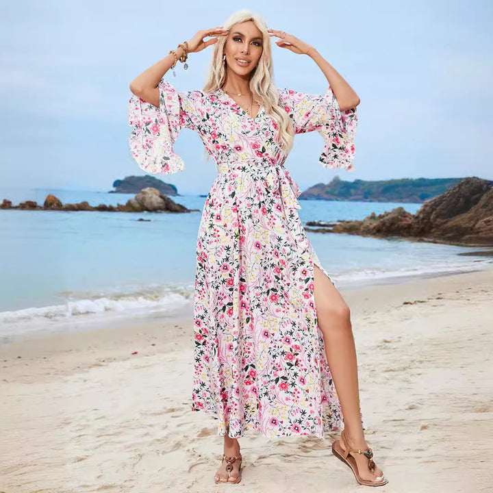 Dame Maxikjole med blomsterprint og elegant taljebælte Stilla