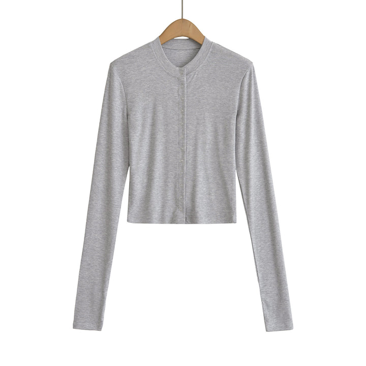 Dame cropped Langærmet skjorte med elegant knapliste og fint ribbet materiale Stilla