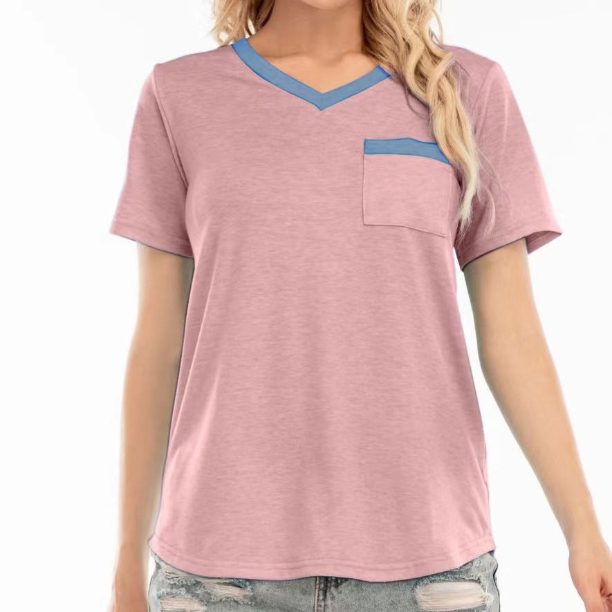 Dame V-hals T-shirt med brystlomme og kontrasterende krave Stilla