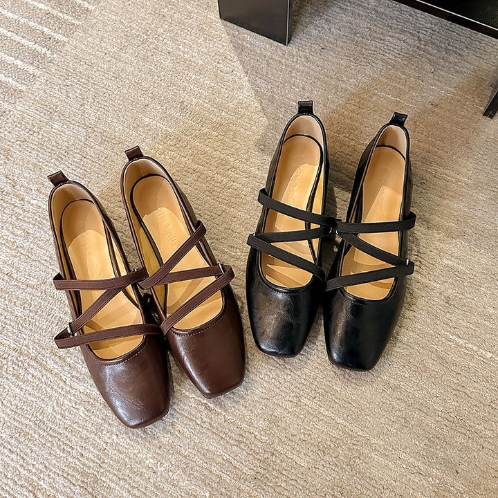 Dame Strappy Quadratæer Ballerina Flats med justerbare anklerem Stilla