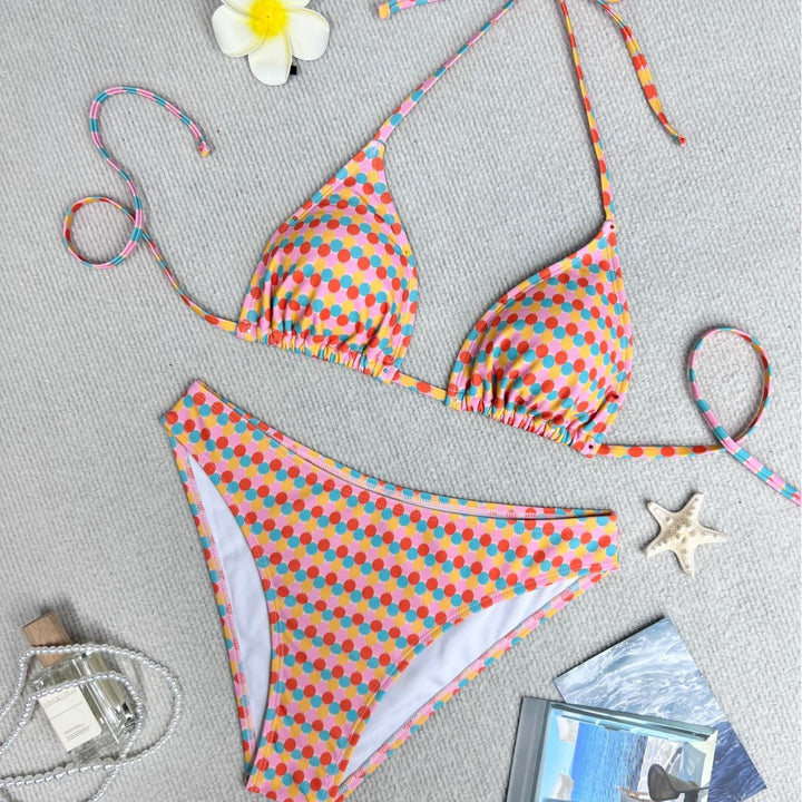 Dame triangel-bikini med farverigt punktedesign og justerbare bånd Skovae