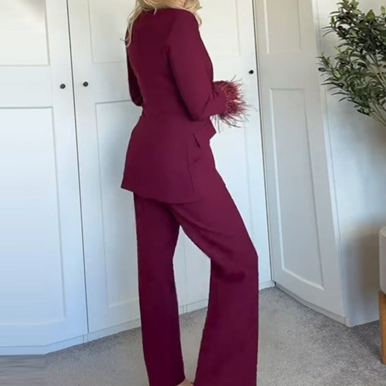 Dame elegant bred jakke sæt bukser med sidelommer og høj talje Skovae